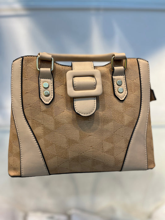 Beige Faux Leather Baguette Handbag with Glare Pouch, 2 Compartments, Side Zip & Back Pocket with Sling