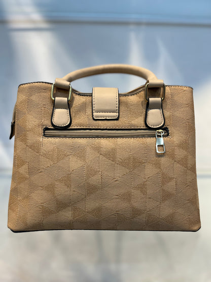 Beige Faux Leather Baguette Handbag with Glare Pouch, 2 Compartments, Side Zip & Back Pocket with Sling
