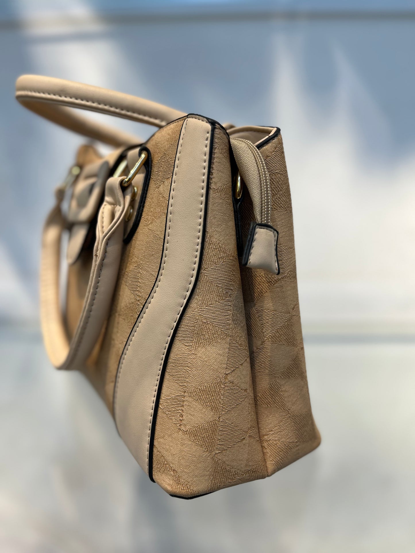 Beige Faux Leather Baguette Handbag with Glare Pouch, 2 Compartments, Side Zip & Back Pocket with Sling