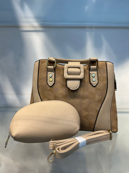 Beige Faux Leather Baguette Handbag with Glare Pouch, 2 Compartments, Side Zip & Back Pocket with Sling