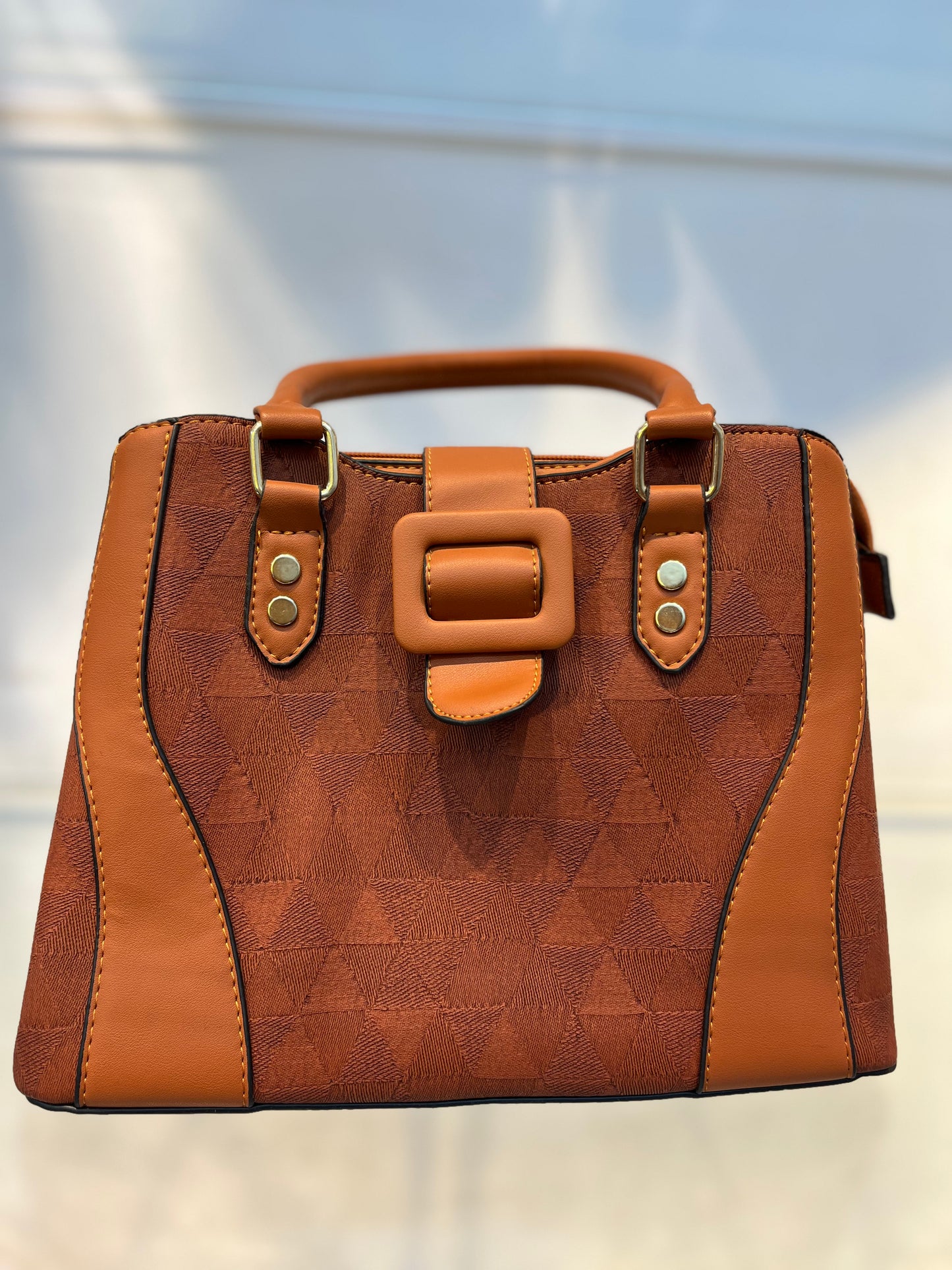 Natural Colour Faux Leather Baguette Handbag with Glare Pouch, 2 Compartments, Side Zip & Back Pocket with Sling