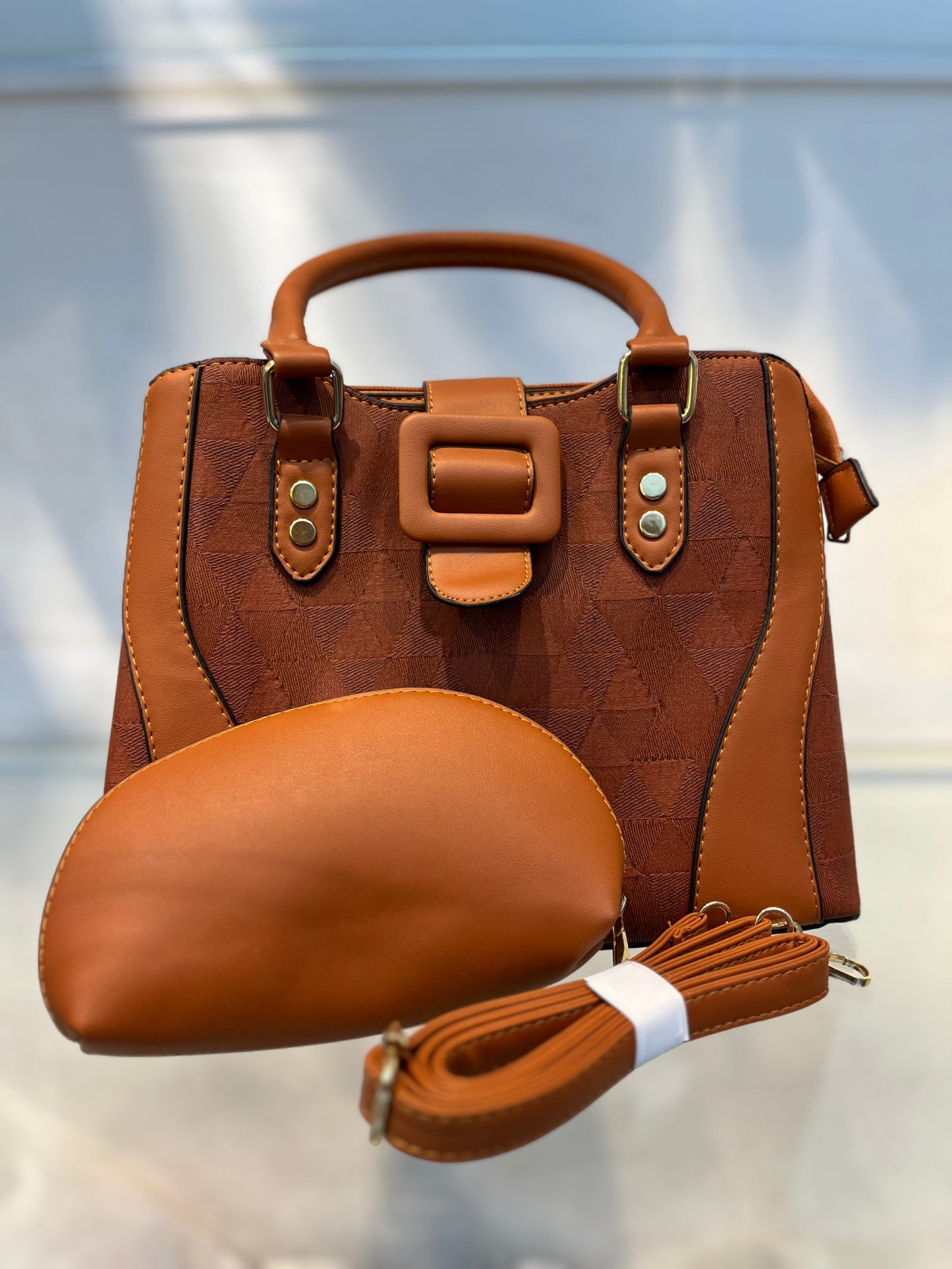 Natural Colour Faux Leather Baguette Handbag with Glare Pouch, 2 Compartments, Side Zip & Back Pocket with Sling