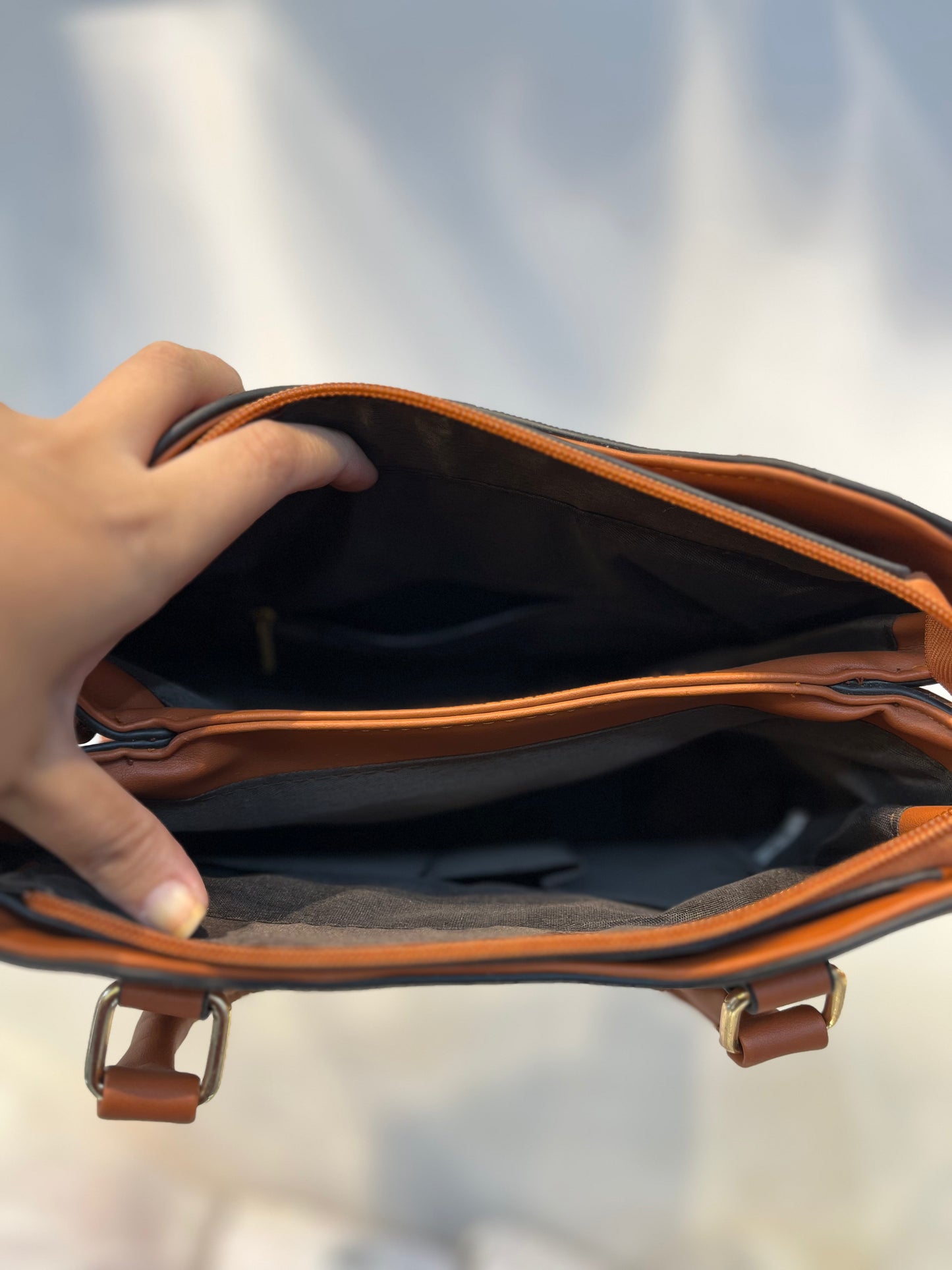 Natural Colour Faux Leather Baguette Handbag with Glare Pouch, 2 Compartments, Side Zip & Back Pocket with Sling