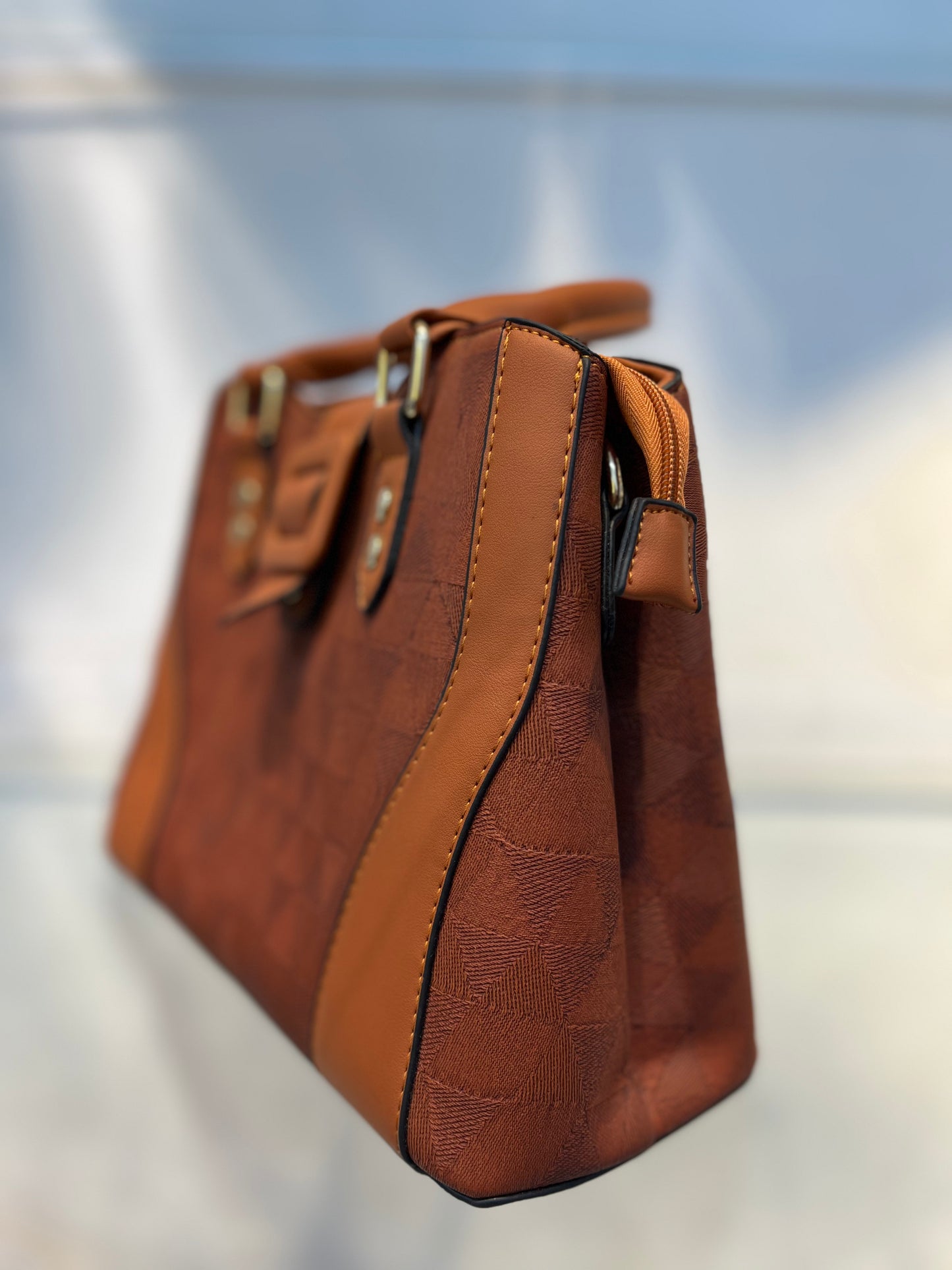 Natural Colour Faux Leather Baguette Handbag with Glare Pouch, 2 Compartments, Side Zip & Back Pocket with Sling
