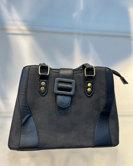 Black Faux Leather Baguette Handbag with Glare Pouch, 2 Compartments, Side Zip & Back Pocket with Sling