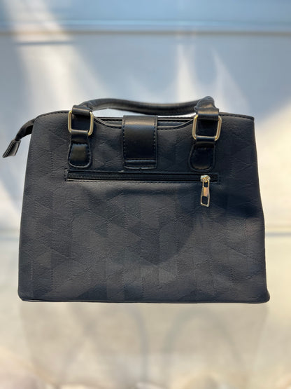 Black Faux Leather Baguette Handbag with Glare Pouch, 2 Compartments, Side Zip & Back Pocket with Sling