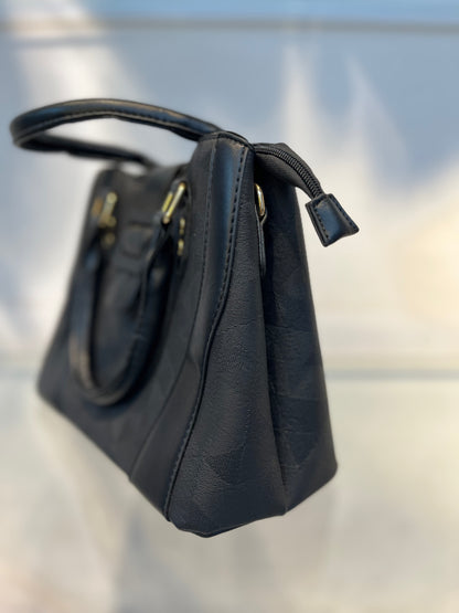 Black Faux Leather Baguette Handbag with Glare Pouch, 2 Compartments, Side Zip & Back Pocket with Sling