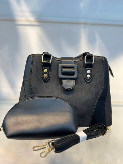 Black Faux Leather Baguette Handbag with Glare Pouch, 2 Compartments, Side Zip & Back Pocket with Sling