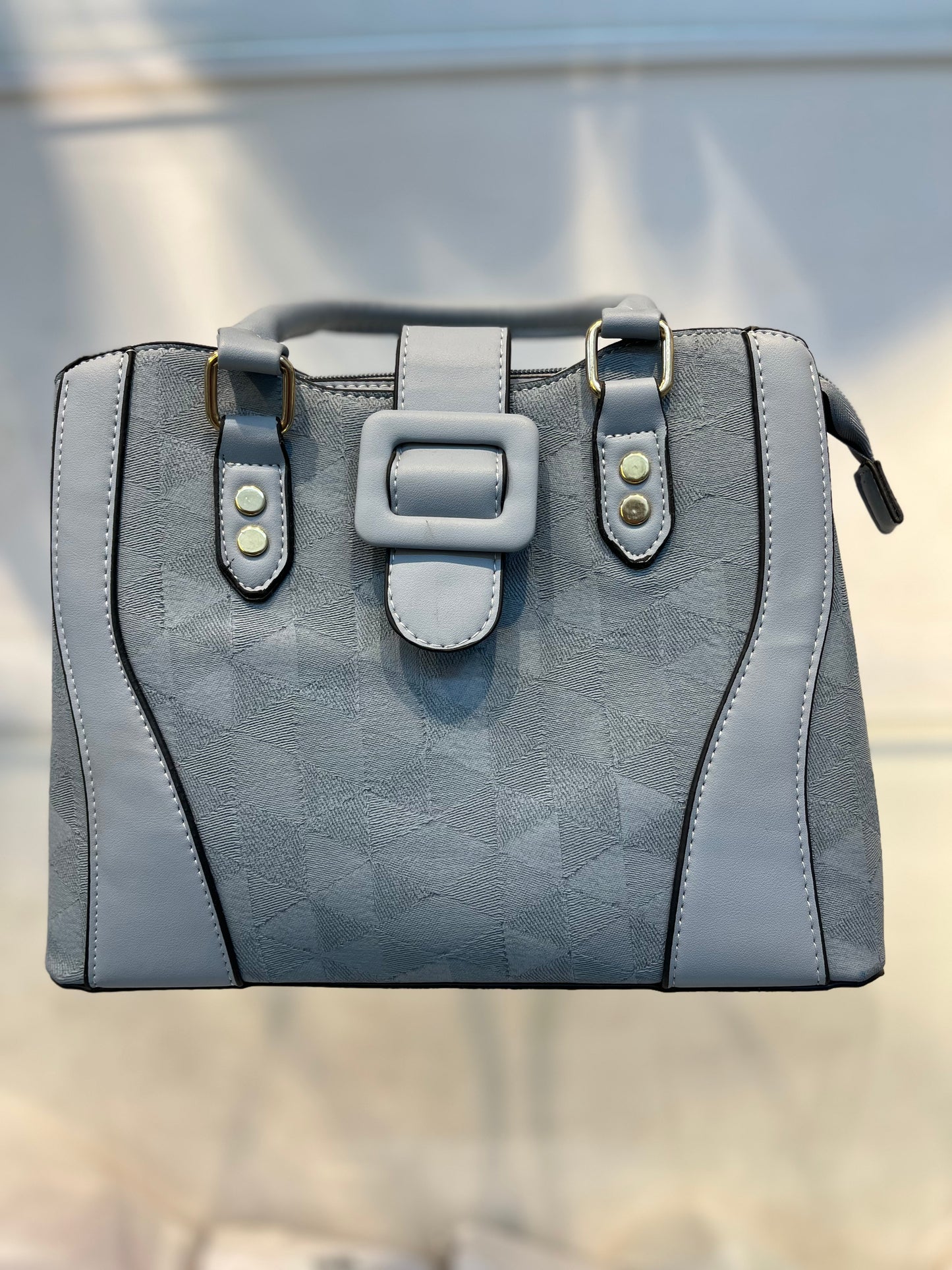 Blue Faux Leather Baguette Handbag with Glare Pouch, 2 Compartments, Side Zip & Back Pocket with Sling