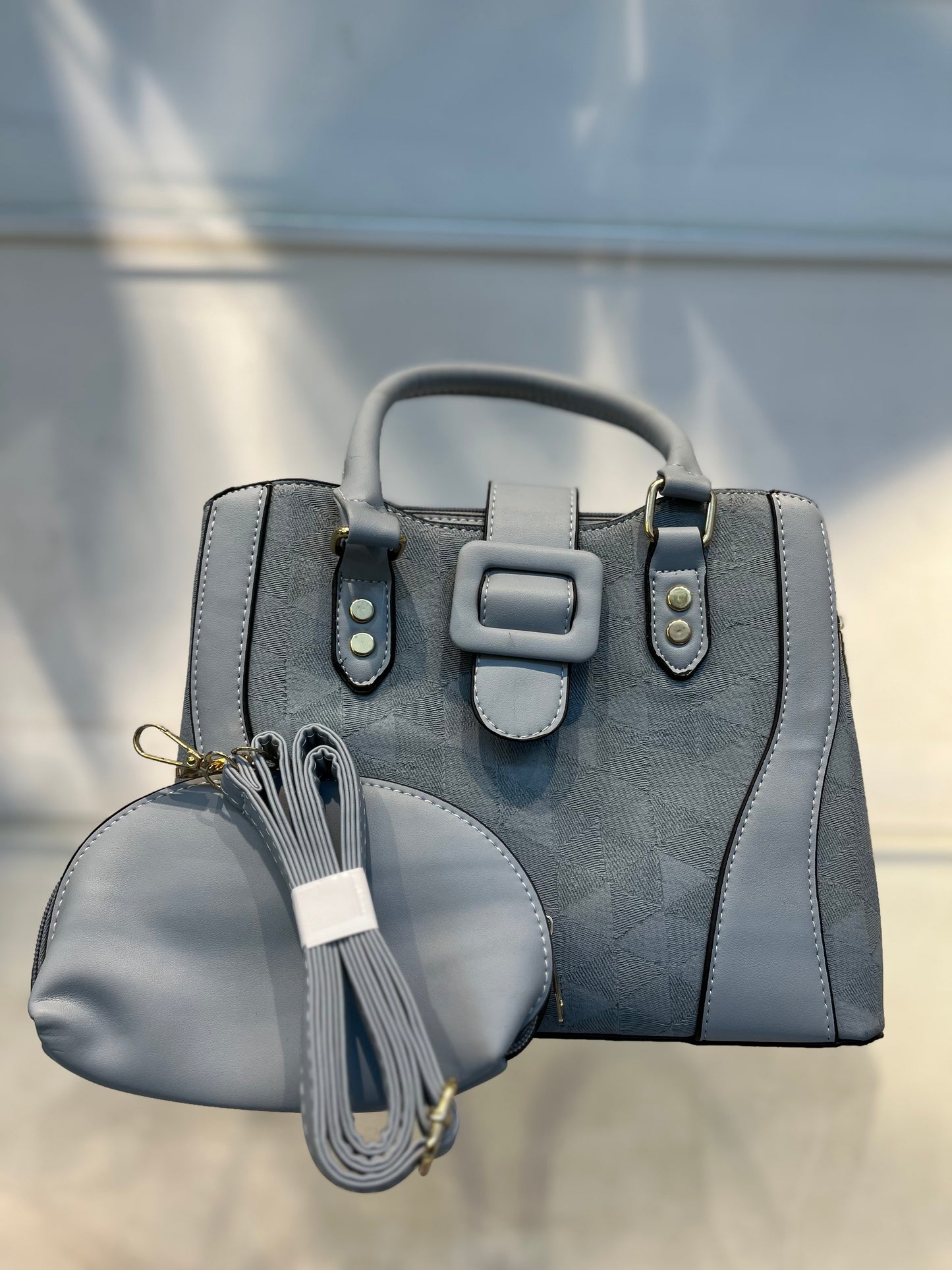 Blue Faux Leather Baguette Handbag with Glare Pouch, 2 Compartments, Side Zip & Back Pocket with Sling