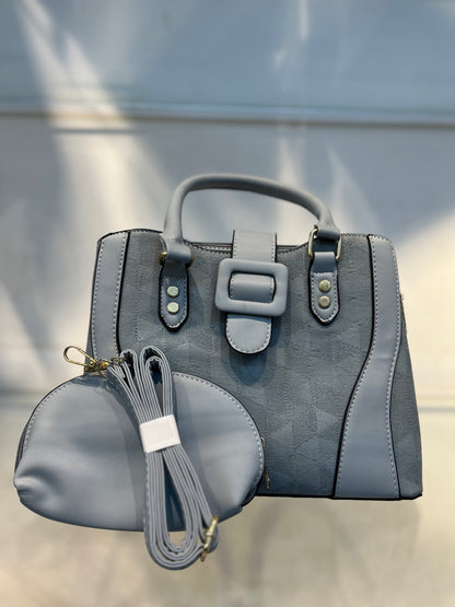 Blue Faux Leather Baguette Handbag with Glare Pouch, 2 Compartments, Side Zip & Back Pocket with Sling