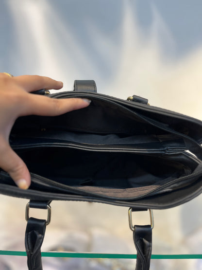 Premium Black Fabric-Embossed Handbag ,3 Compartments & Back Zip