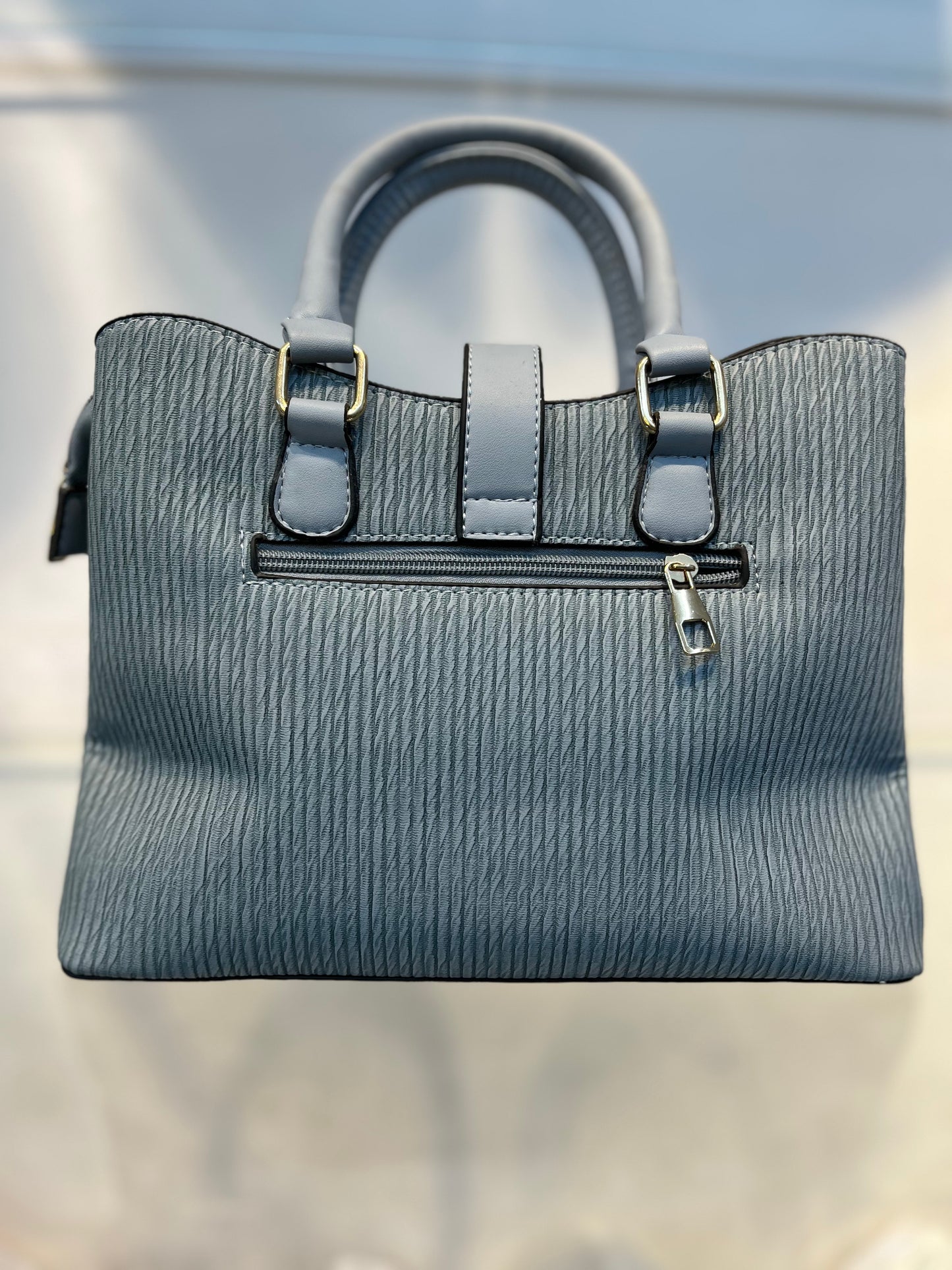 Premium Blue Fabric-Embossed Handbag ,3 Compartments & Back Zip