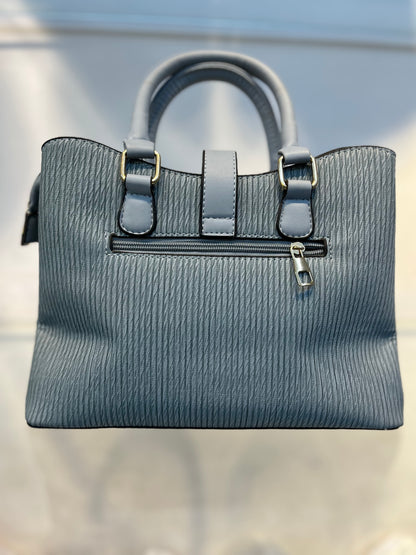Premium Blue Fabric-Embossed Handbag ,3 Compartments & Back Zip