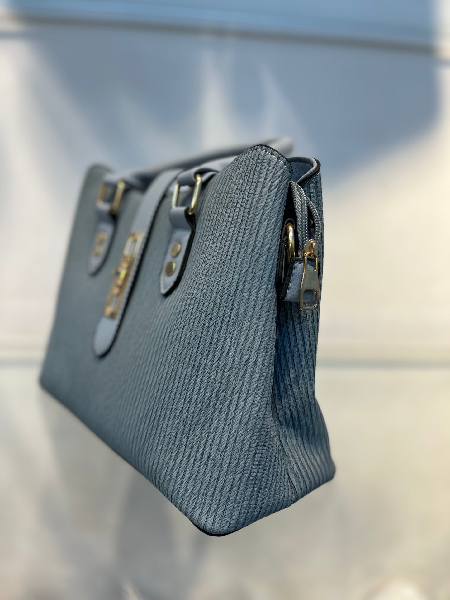 Premium Blue Fabric-Embossed Handbag ,3 Compartments & Back Zip