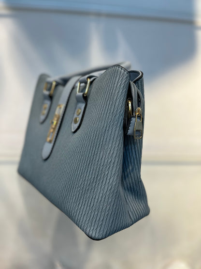 Premium Blue Fabric-Embossed Handbag ,3 Compartments & Back Zip