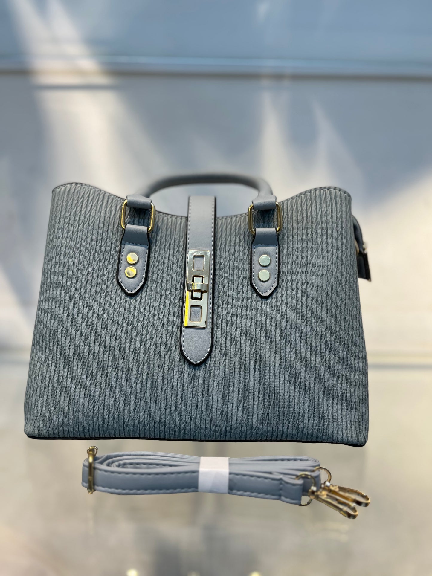Premium Blue Fabric-Embossed Handbag ,3 Compartments & Back Zip