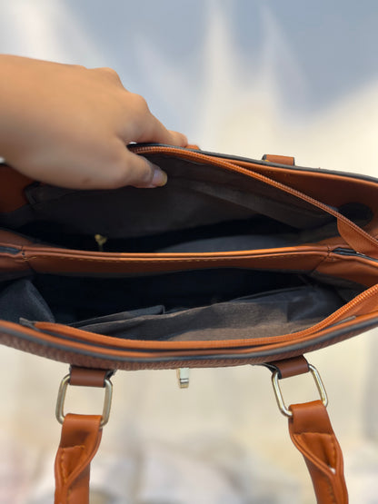 Premium Natural Fabric-Embossed Handbag ,3 Compartments & Back Zip