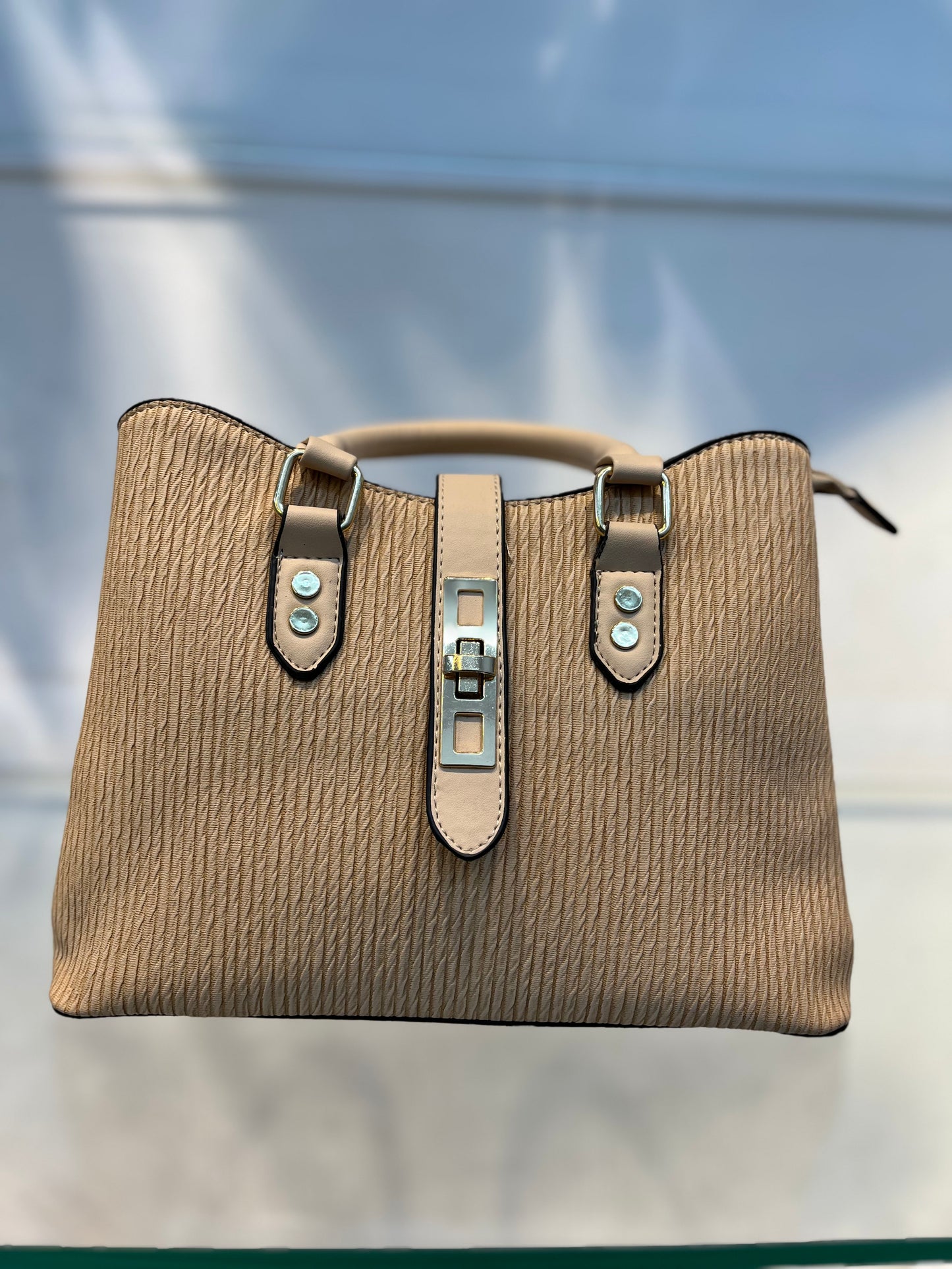 Premium Beige Fabric-Embossed Handbag ,3 Compartments & Back Zip
