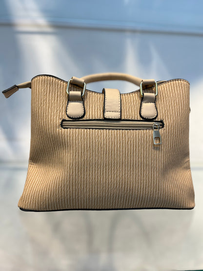 Premium Beige Fabric-Embossed Handbag ,3 Compartments & Back Zip