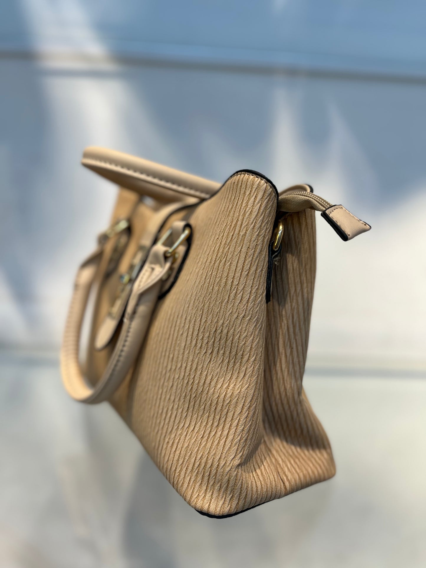 Premium Beige Fabric-Embossed Handbag ,3 Compartments & Back Zip