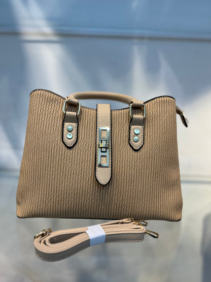 Premium Beige Fabric-Embossed Handbag ,3 Compartments & Back Zip