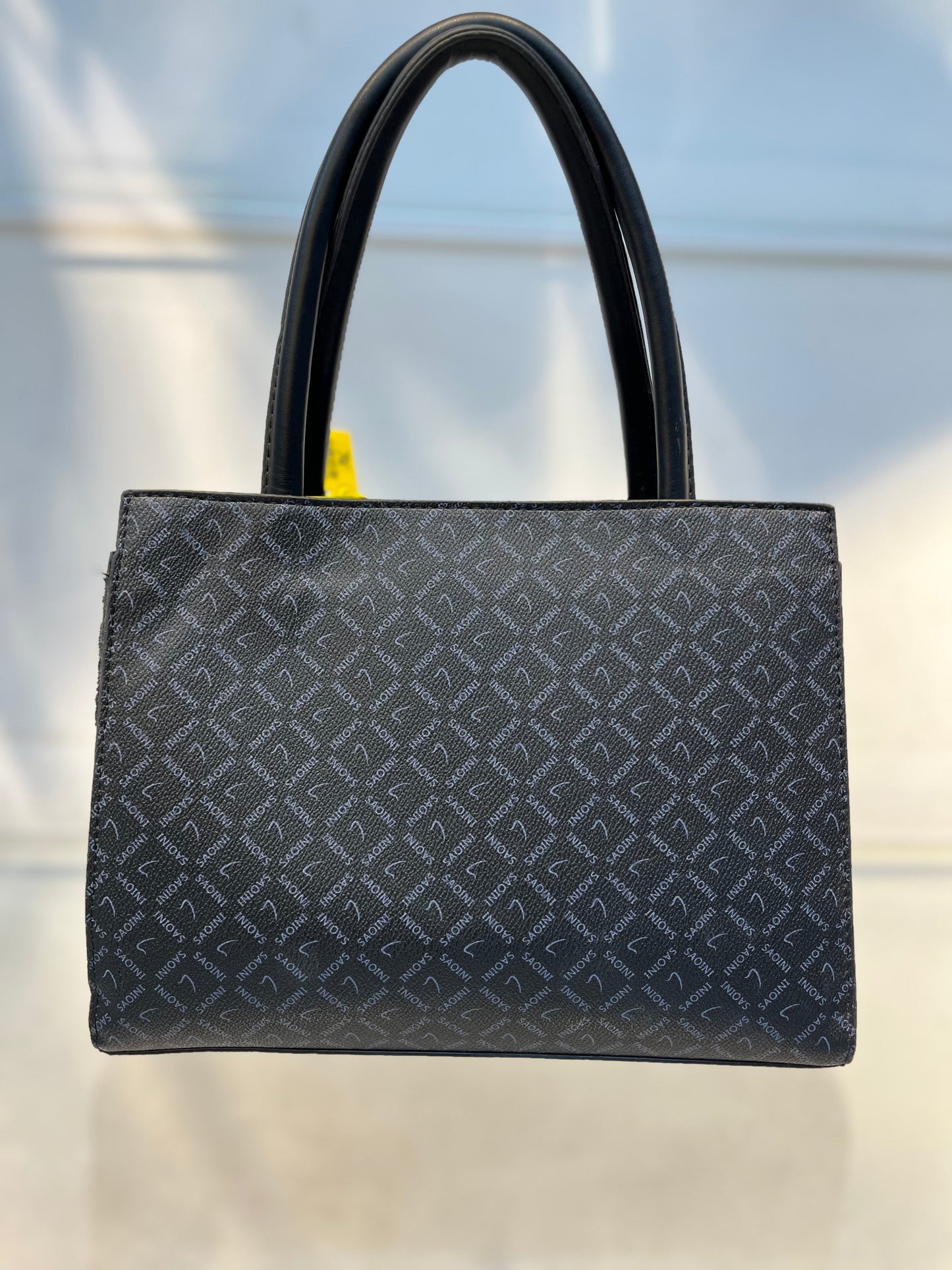 Elegant Monogram Leather Handbag – Black & Gold Accent
