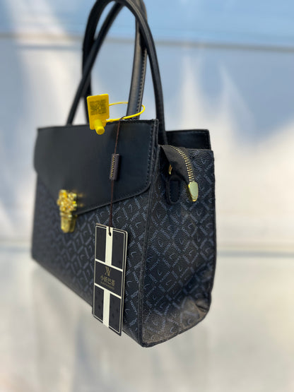 Elegant Monogram Leather Handbag – Black & Gold Accent