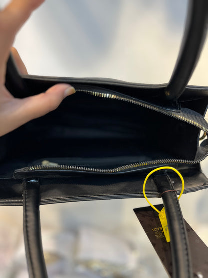 Elegant Monogram Leather Handbag – Black & Gold Accent