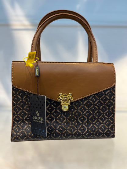 Elegant Monogram Leather Handbag – Brown & Gold Accent