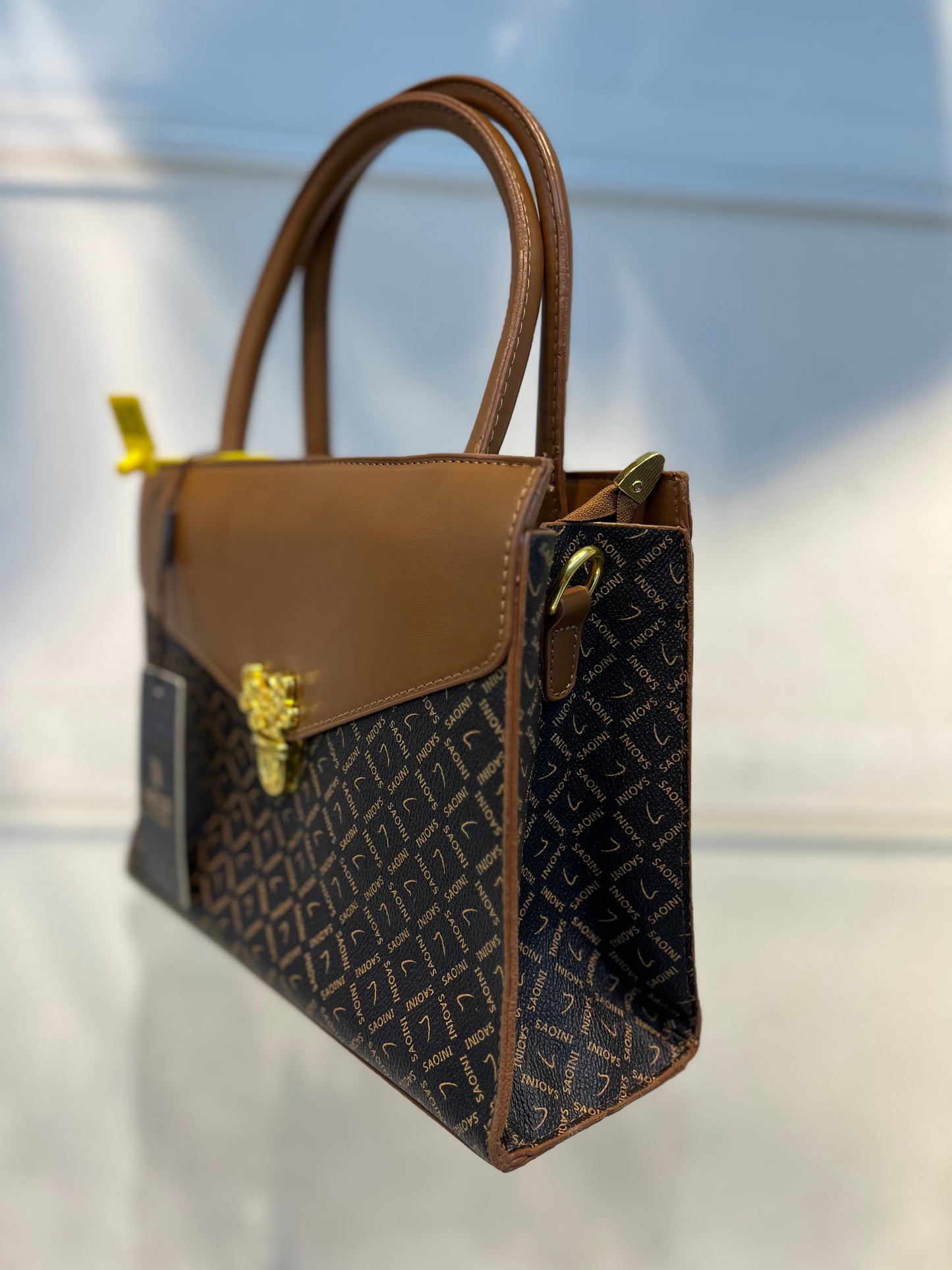 Elegant Monogram Leather Handbag – Brown & Gold Accent