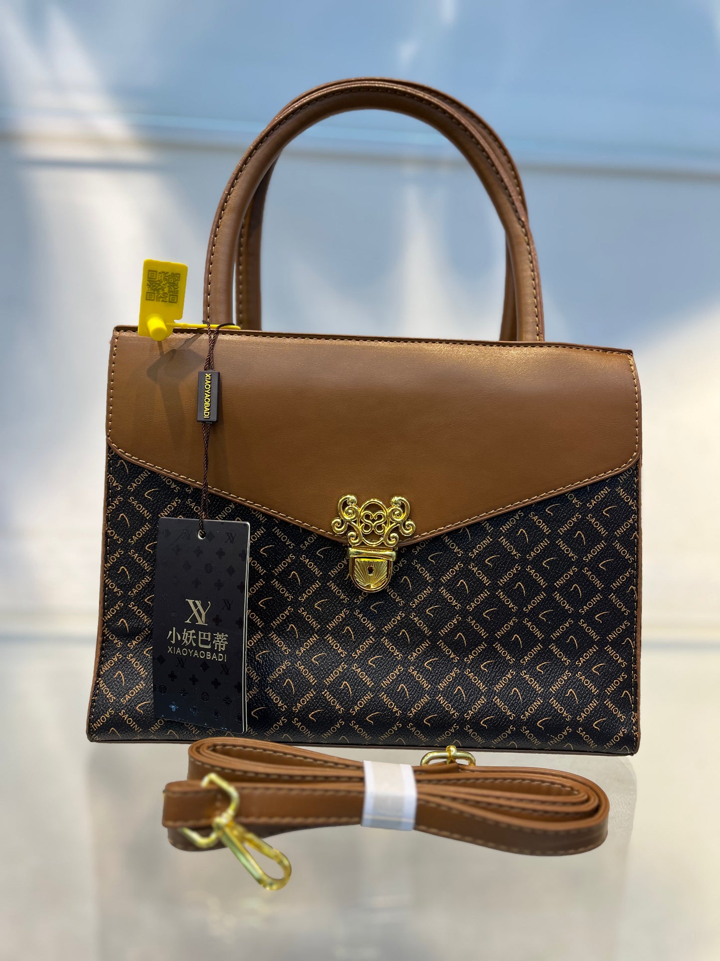 Elegant Monogram Leather Handbag – Brown & Gold Accent