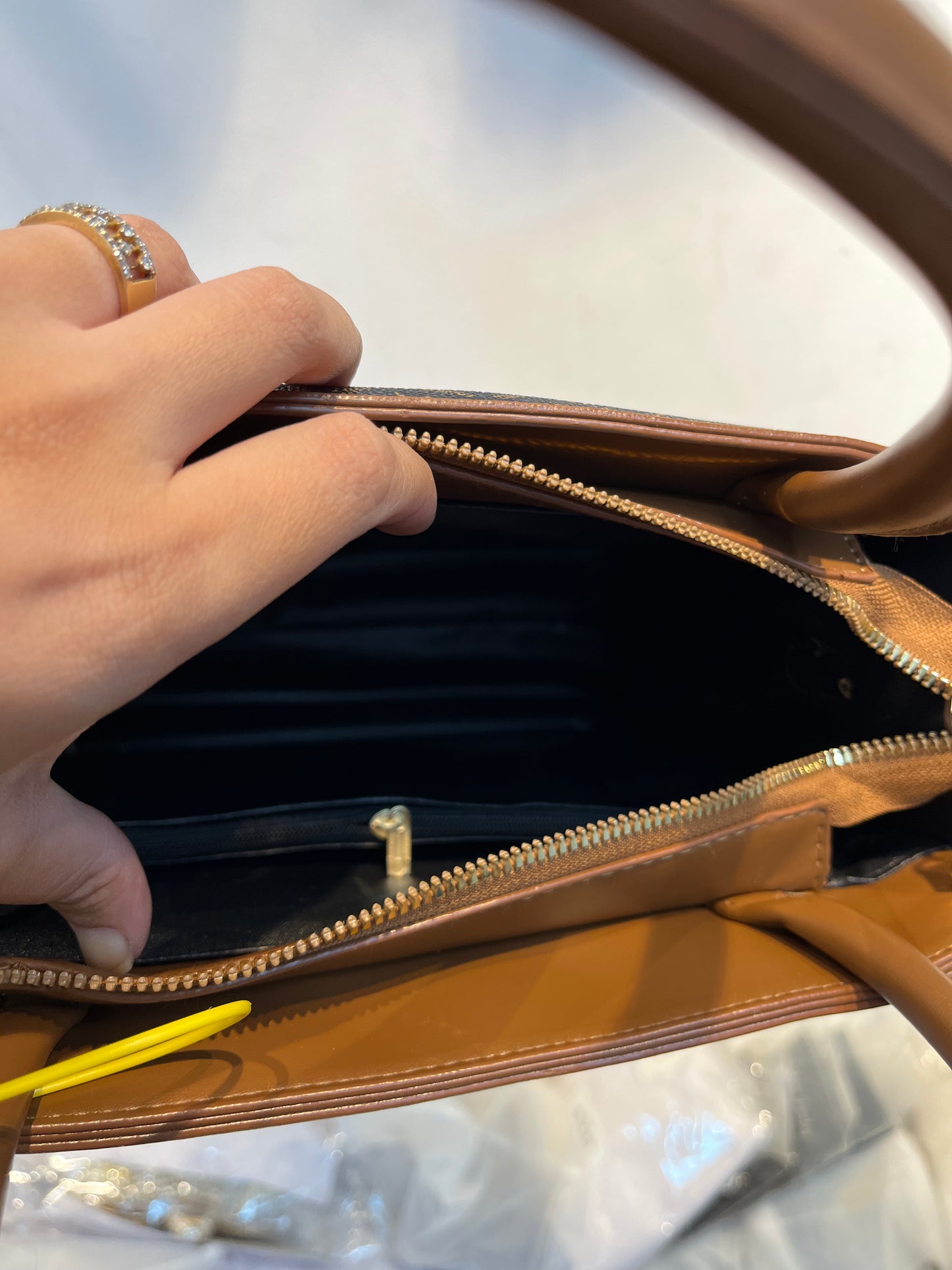 Elegant Monogram Leather Handbag – Brown & Gold Accent