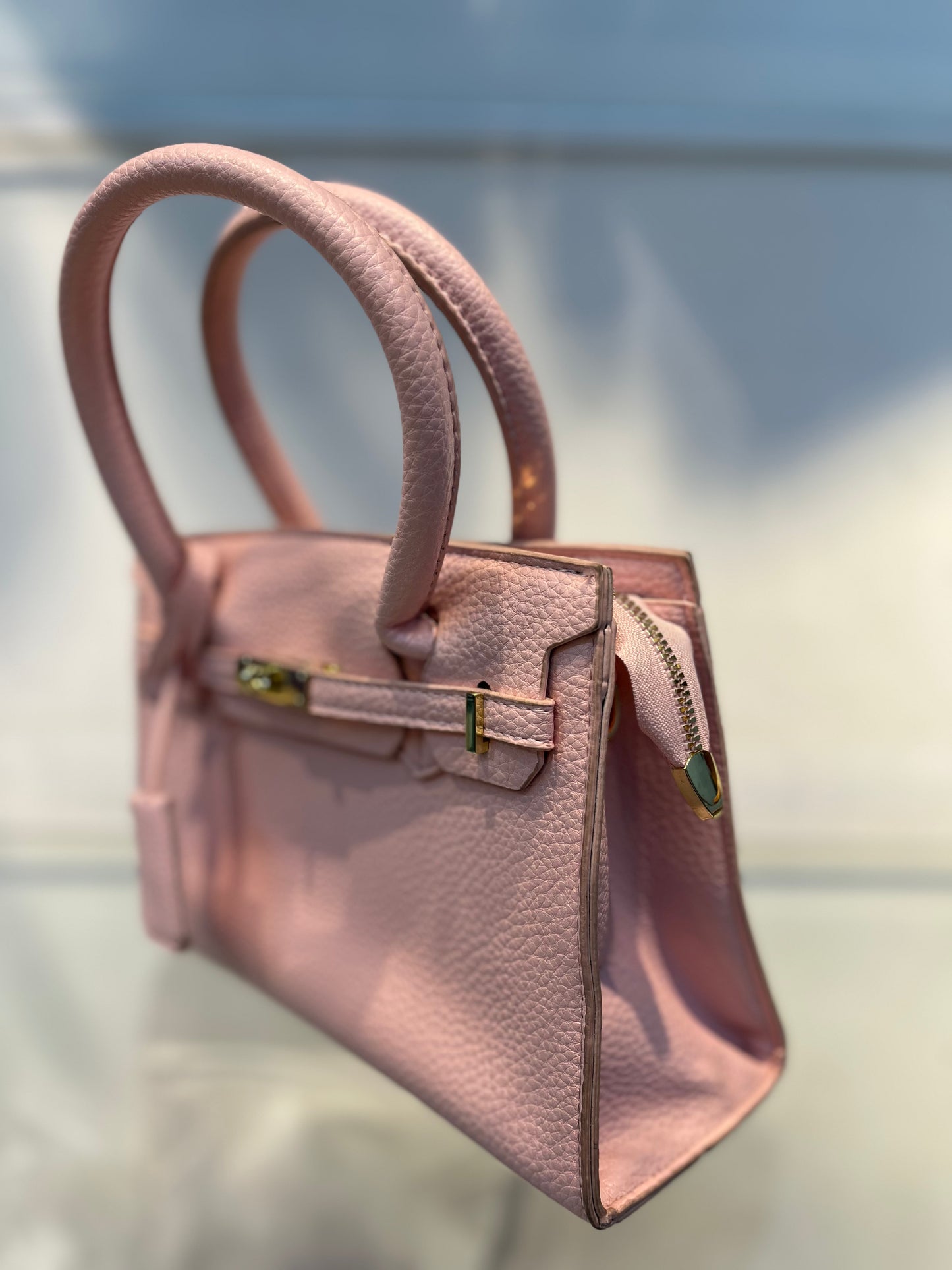 Hermes-Inspired Pink Vegan Faux Leather Handbag with Sling & Metallic Lock