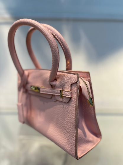 Hermes-Inspired Pink Vegan Faux Leather Handbag with Sling & Metallic Lock