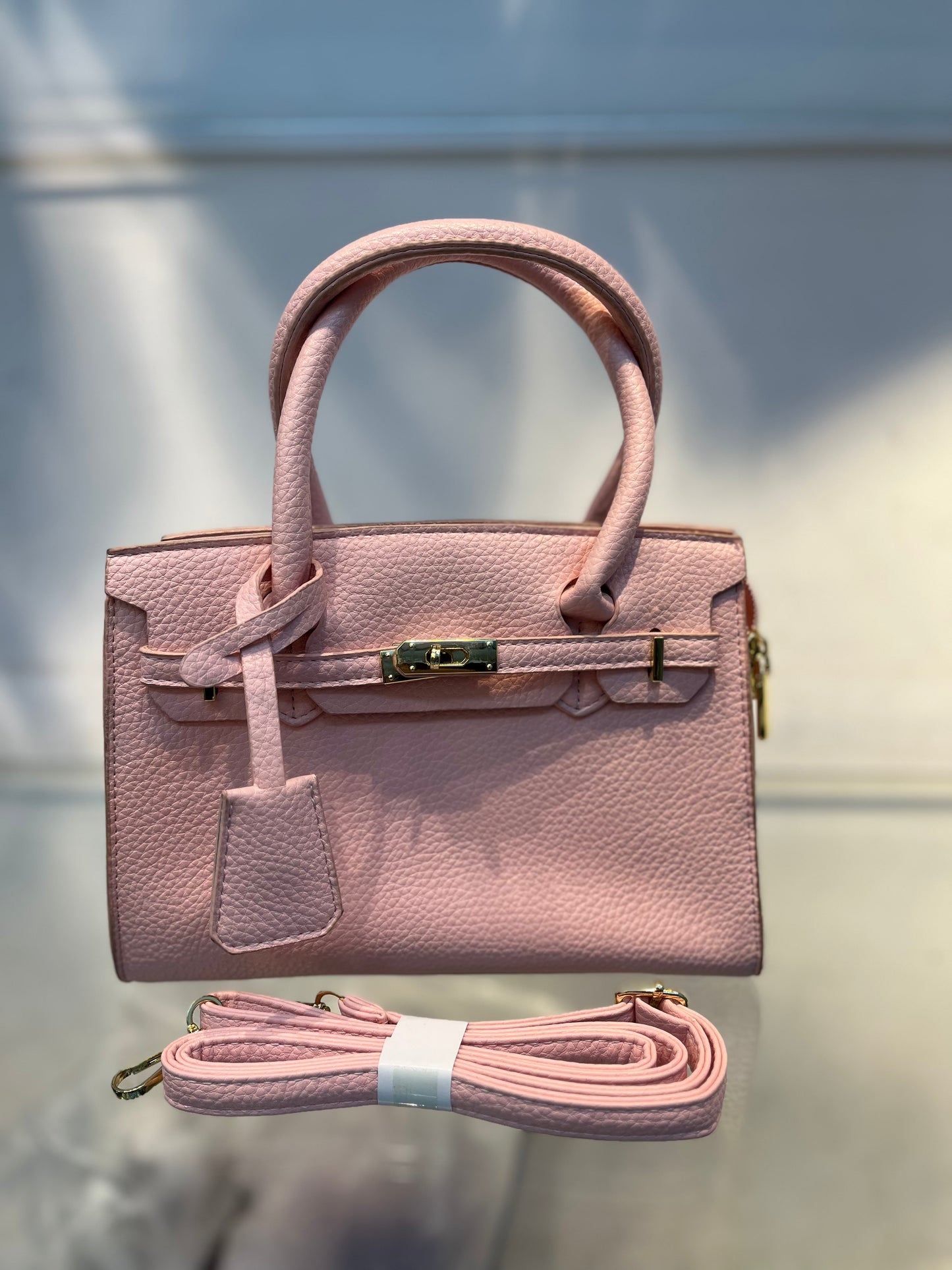 Hermes-Inspired Pink Vegan Faux Leather Handbag with Sling & Metallic Lock