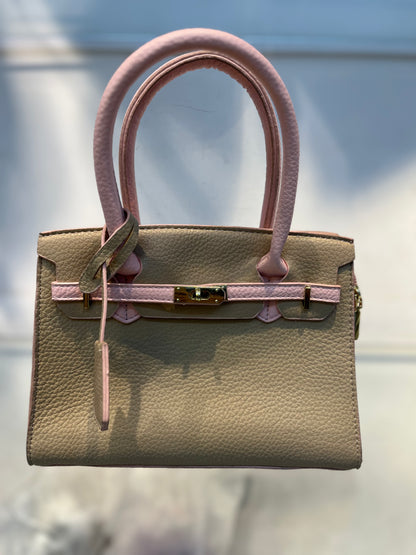 Hermes-Inspired Beige Pink Vegan Faux Leather Handbag with Sling & Metallic Lock