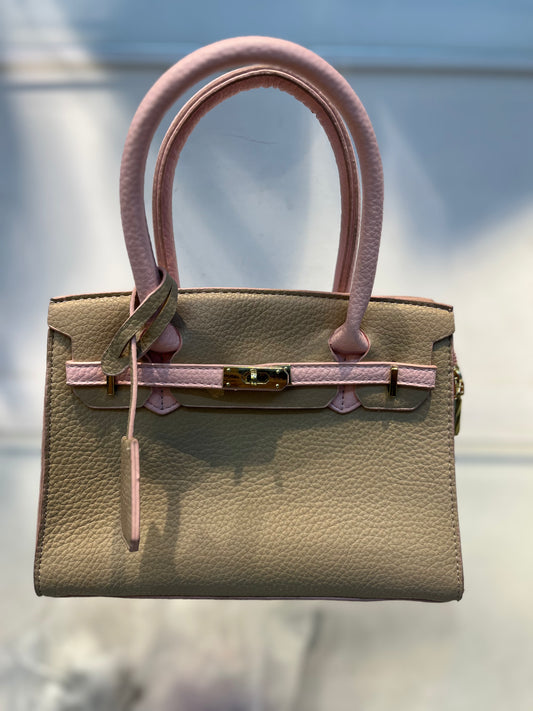 Hermes-Inspired Beige Pink Vegan Faux Leather Handbag with Sling & Metallic Lock