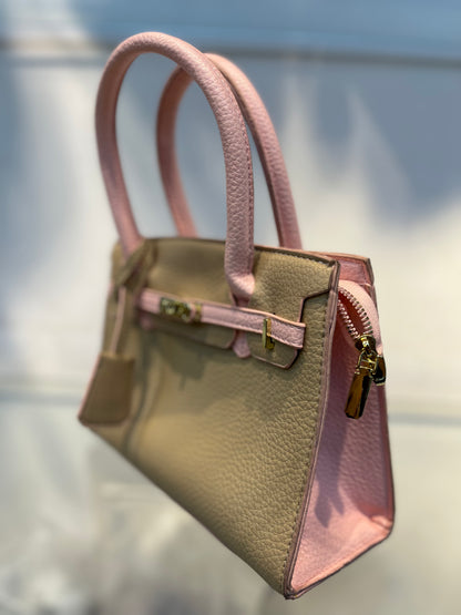 Hermes-Inspired Beige Pink Vegan Faux Leather Handbag with Sling & Metallic Lock