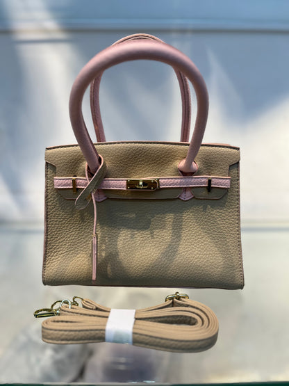 Hermes-Inspired Beige Pink Vegan Faux Leather Handbag with Sling & Metallic Lock