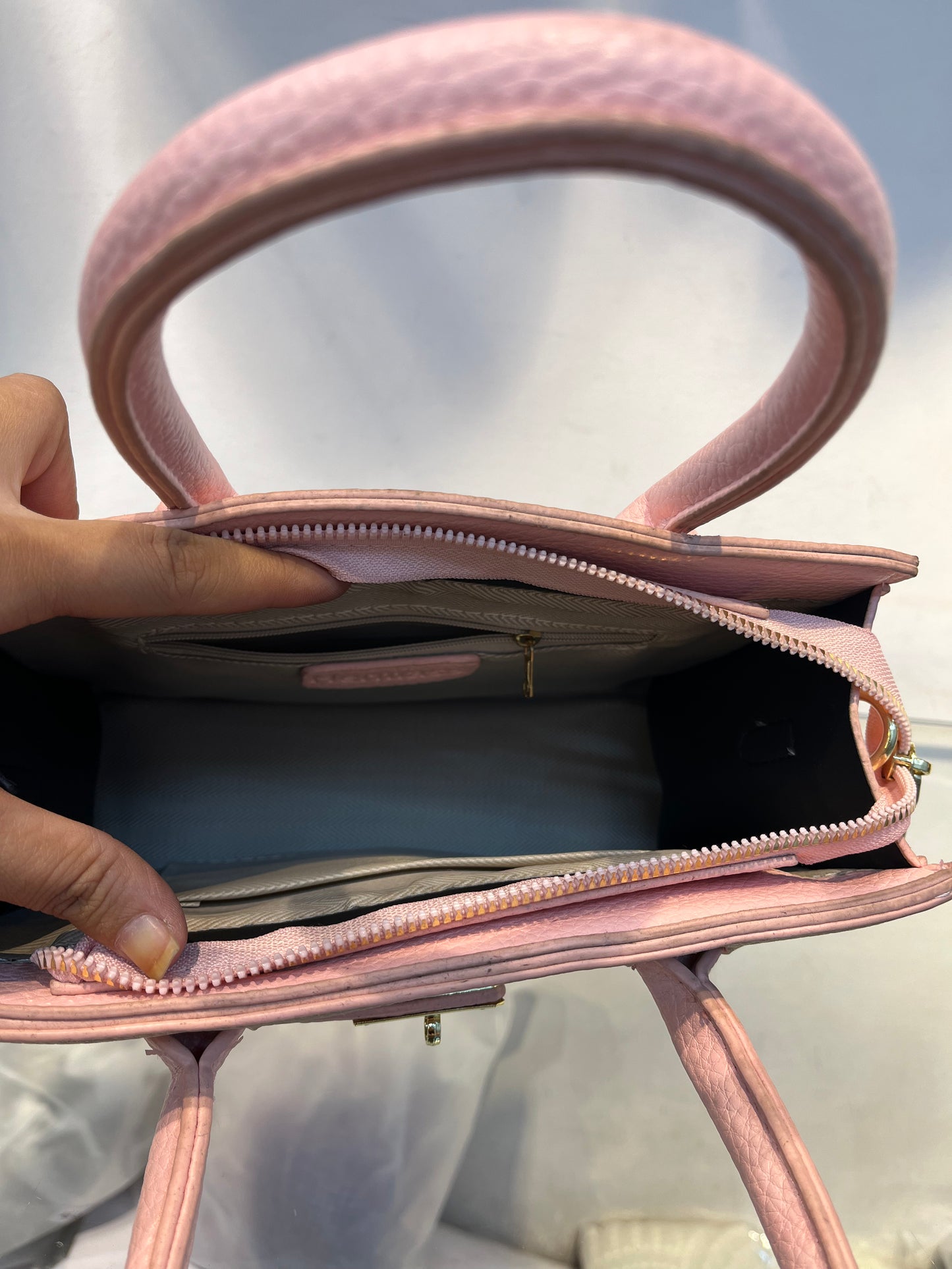 Hermes-Inspired Beige Pink Vegan Faux Leather Handbag with Sling & Metallic Lock