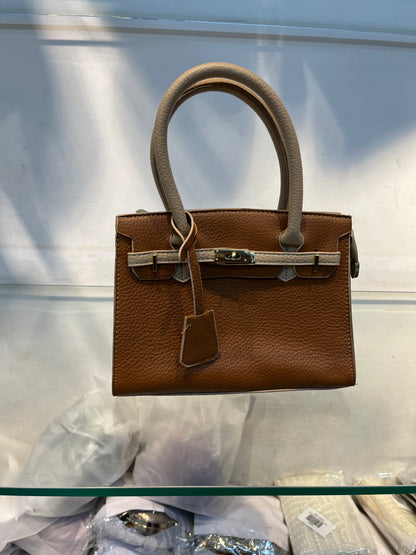 Hermes-Inspired Beige Brown Vegan Faux Leather Handbag with Sling & Metallic Lock