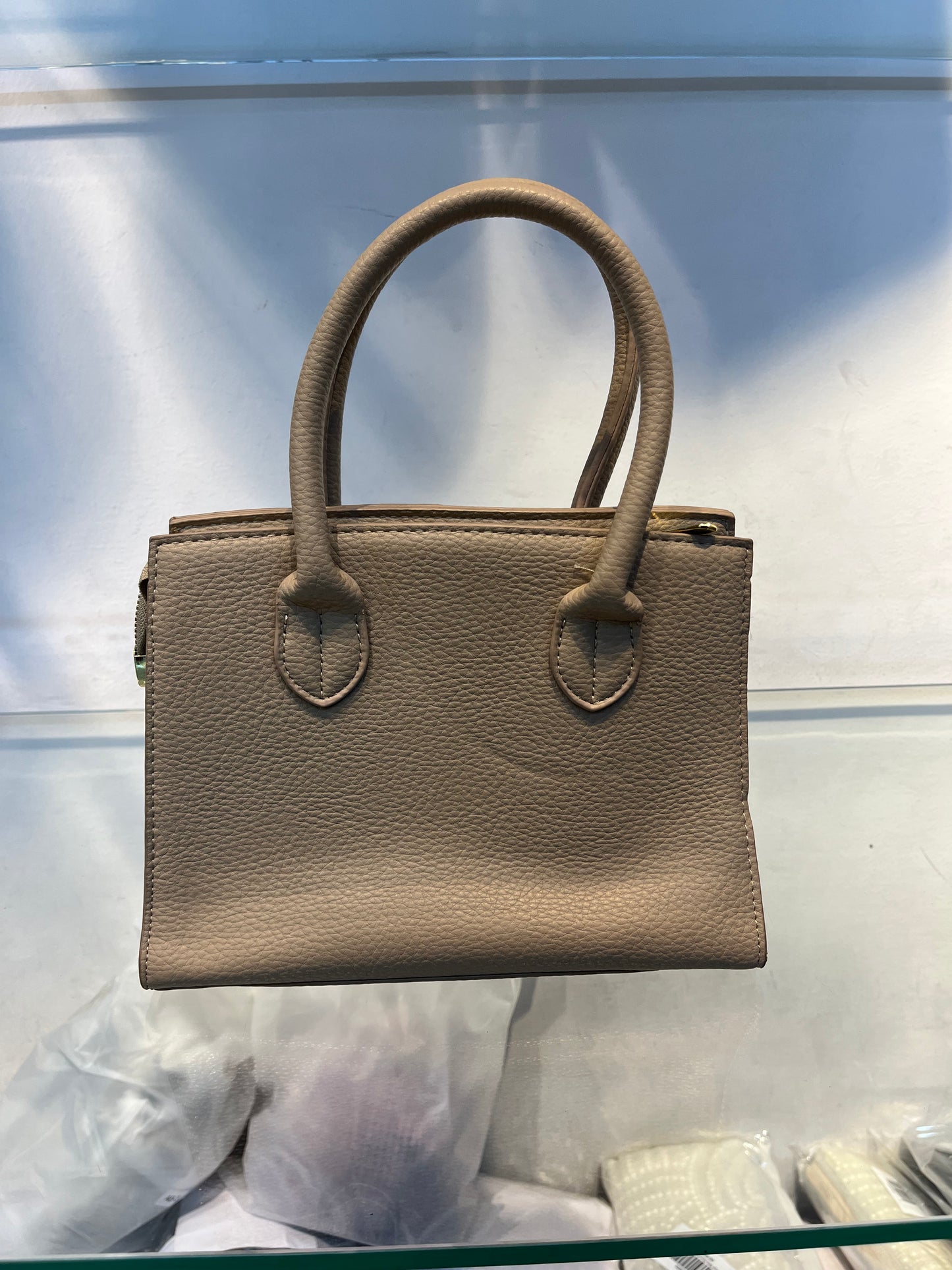Hermes-Inspired Beige Brown Vegan Faux Leather Handbag with Sling & Metallic Lock