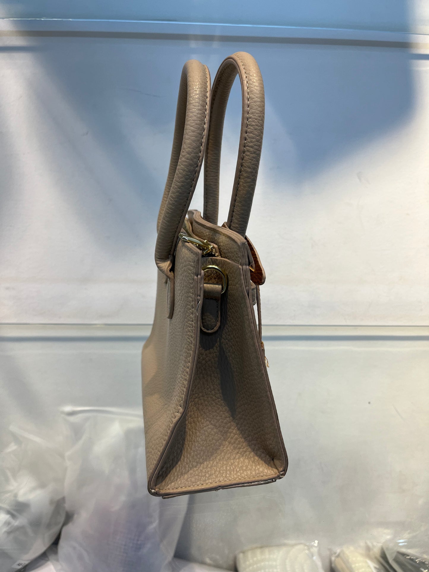 Hermes-Inspired Beige Brown Vegan Faux Leather Handbag with Sling & Metallic Lock