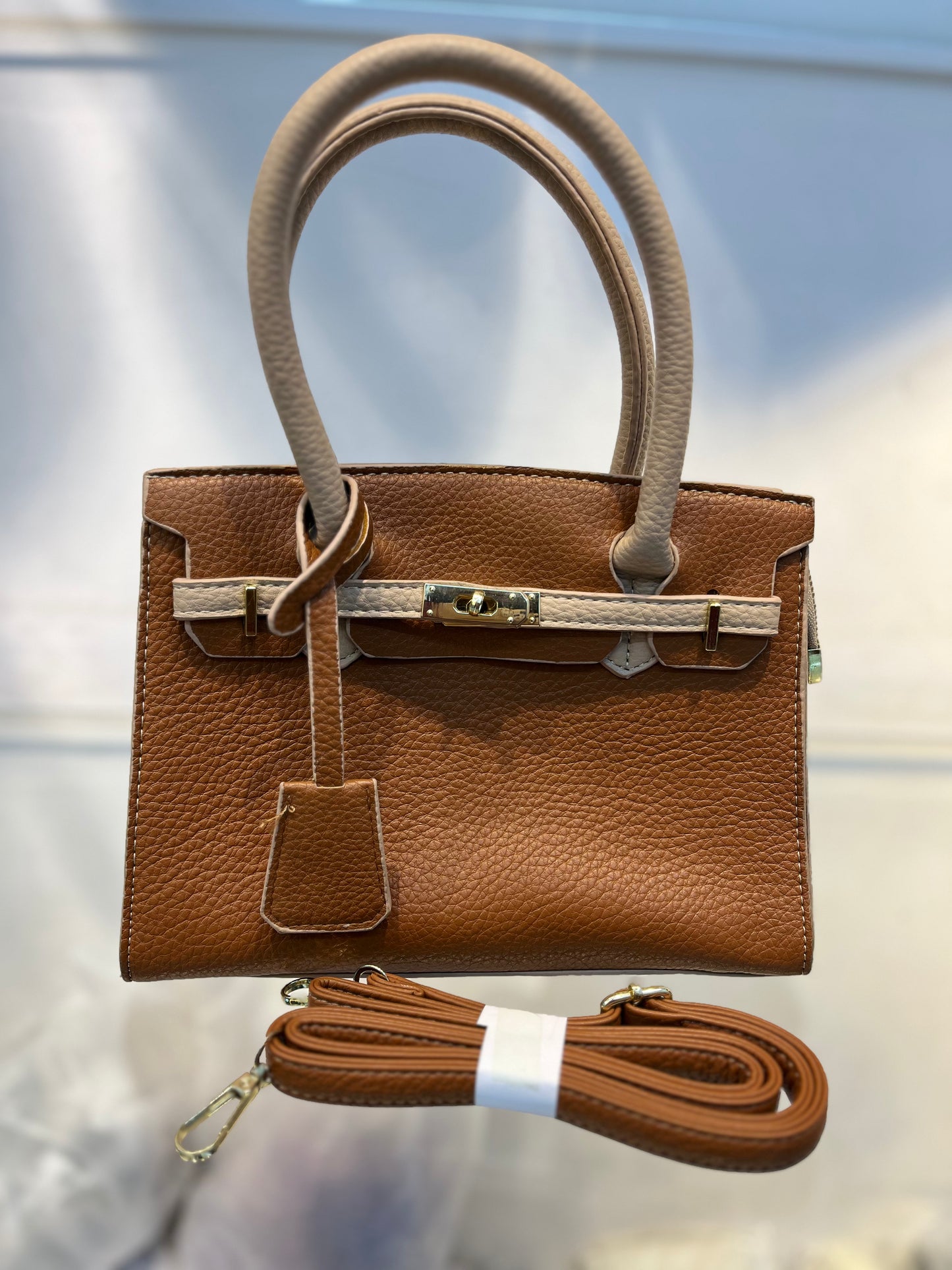 Hermes-Inspired Beige Brown Vegan Faux Leather Handbag with Sling & Metallic Lock