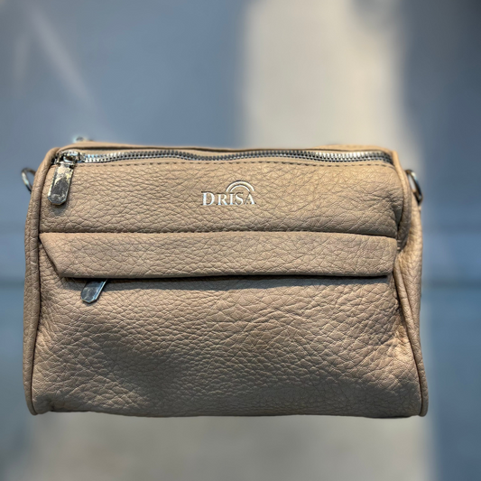 Beige Textured Vegan Leather Sling Bag | Zip Pocket-02