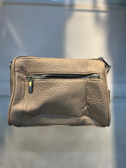 Beige Textured Vegan Leather Sling Bag | Zip Pocket-02