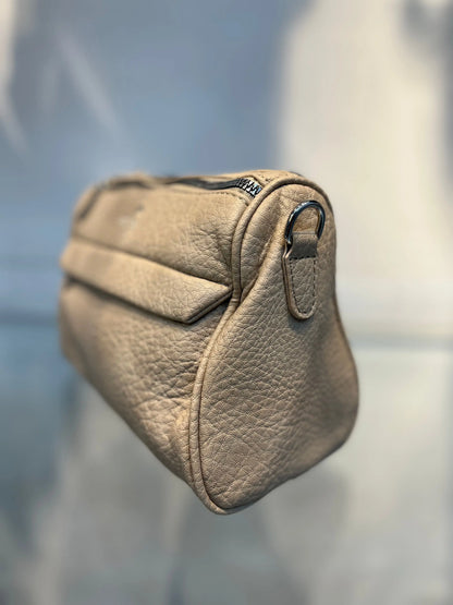 Beige Textured Vegan Leather Sling Bag | Zip Pocket-02