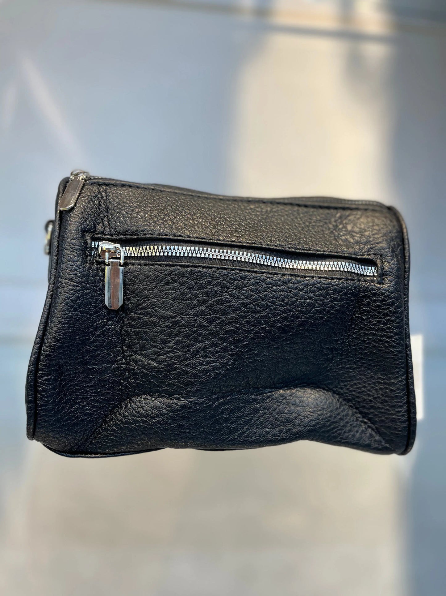 Black Textured Vegan Leather Sling Bag | Zip Pocket-02