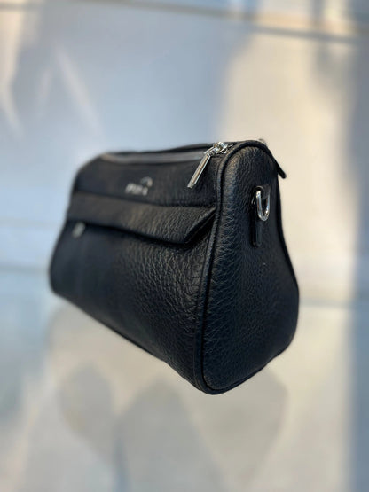 Black Textured Vegan Leather Sling Bag | Zip Pocket-02